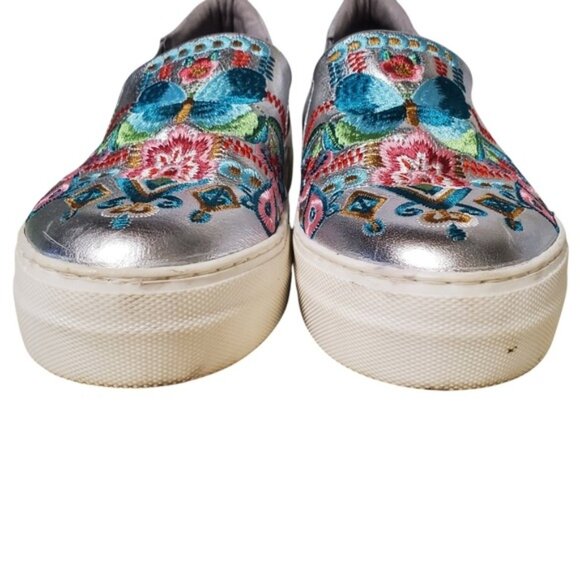 Johnny Was Butterfly Embroidered Silver Metallic Sneaker Boat Loafer 'Vinny' - Picture 2 of 12
